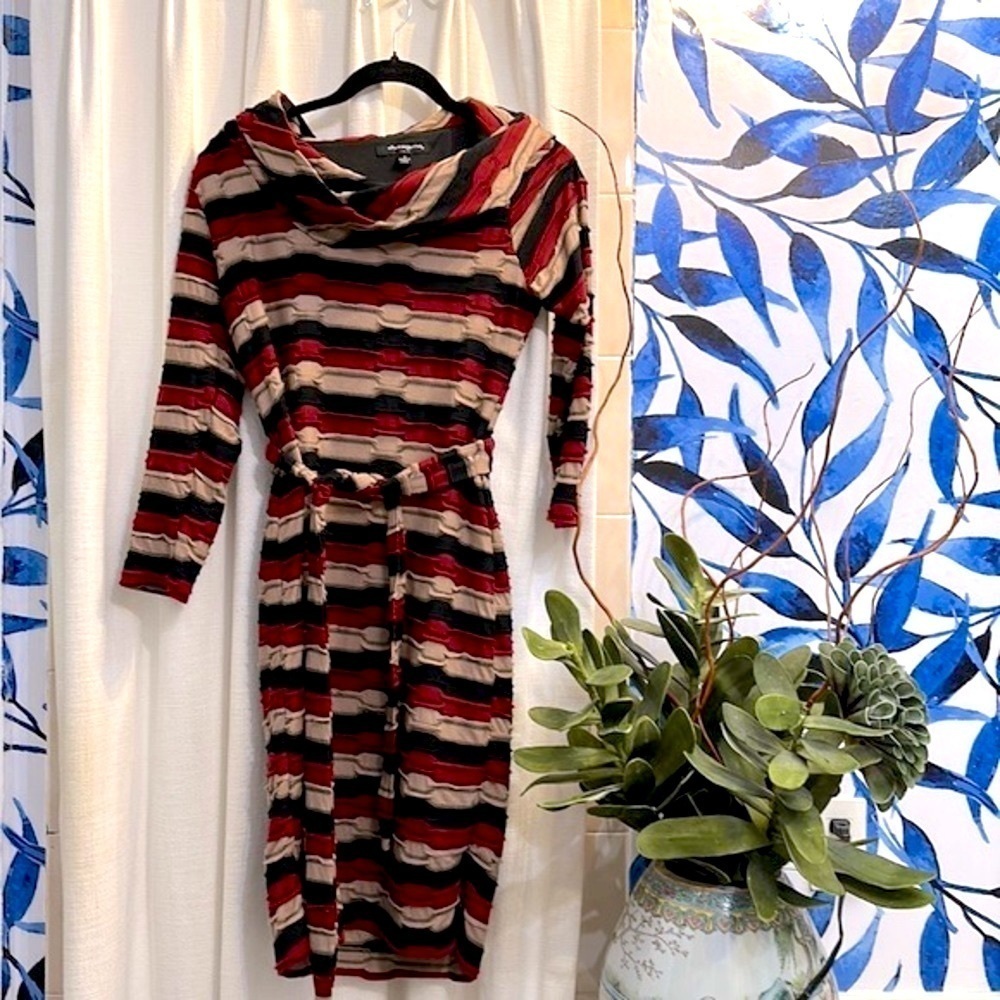 Sharagano Striped Textured 3/4 Sleeve Brown, Rust & Taupe Cowl Neck Dress Size 6